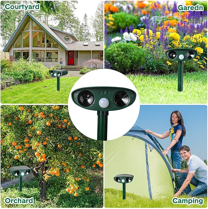 Ultrasonic Animal Repeller Outdoor Solar Ultrasonic Repellent Animal Deterrent with Motion Sensor Waterproof Deterrent Scarer Repel Cat Dog Squirrel Raccoon Skunk Rats(Green,8 Pack)