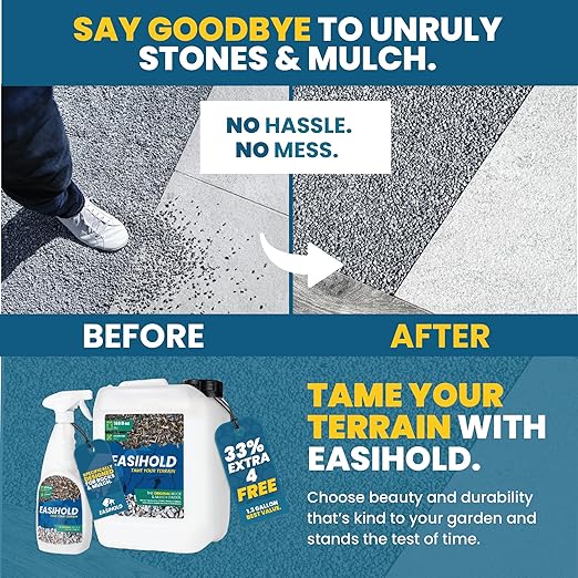 Easihold Gravel Binder 1.3 Gallon β Max Rock Glue for Pea Gravel & Stones. Long-Lasting Mulch Glue for Landscaping β Non-Toxic, Ready-to-Use Gravel Lockdown for Paths, Patios & Garden Borders