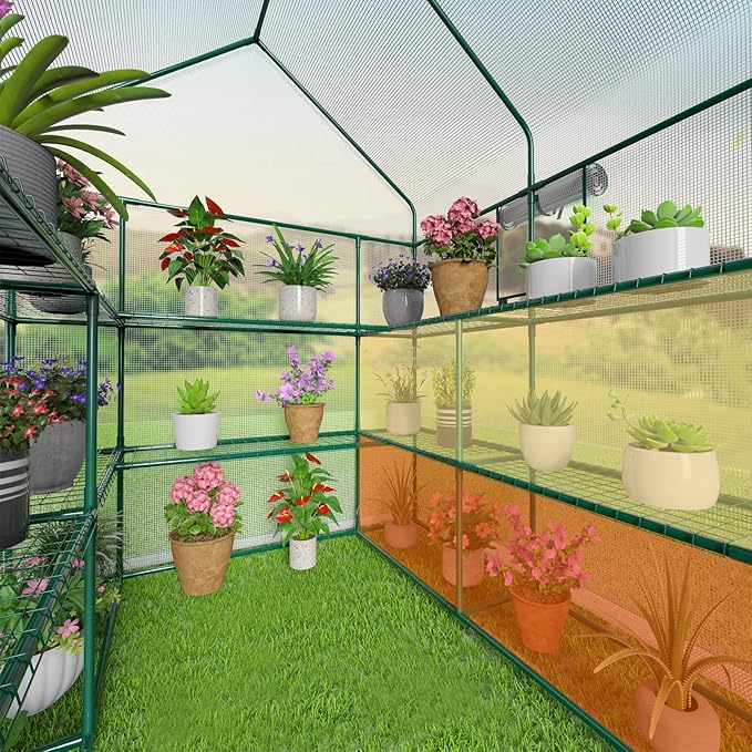 Walk-in Outdoor Greenhouse with 2 Mesh Windows, 4 Tiers, and 10 Shelves - Durable PE Cover, Pegs and Ropes for Stability- Perfect for Outdoor Gardens, Plants, Herbs, and Flowers (56x56x78 Green)