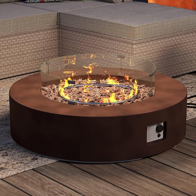 SUNBURY 42Inch Outdoor Propane Fire Pit,CSA Certified,Round Dark Brown Patio Fire Table Concrete Burner Firepits 50,000 BTU w Lava Rocks, Glass Wind Guard, Waterproof Cover