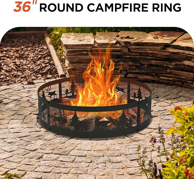 Red Mountain Valley 36 Inch Fire Pit Ring with 360° Forest & Wildlife Design, Portable Steel Wood Burning Firepit Ring for Outdoor Camping, Bonfires, Beach,Patio, fire Pit kit, Black