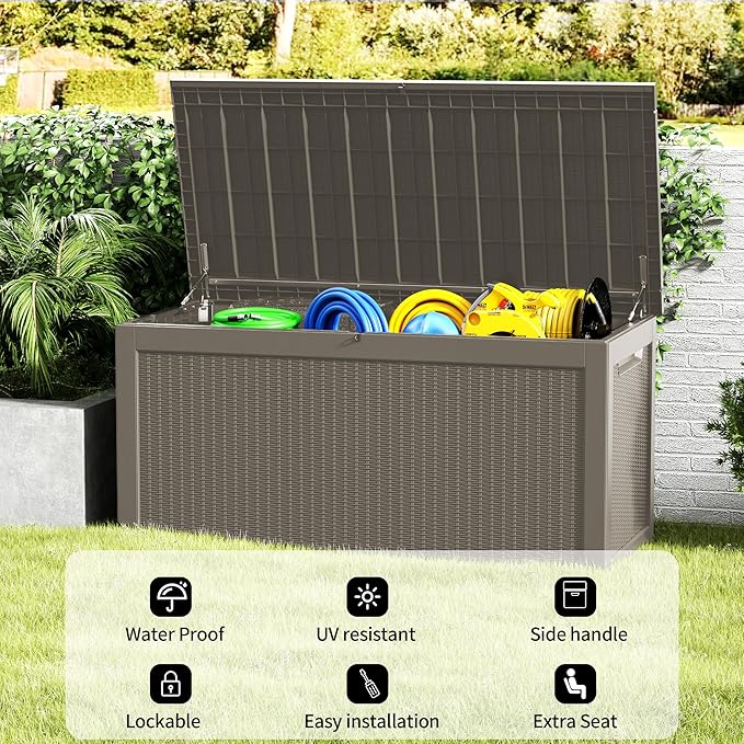 320 Gallon Waterproof Large Resin Deck Box Indoor/Outdoor Lockable Storage Container and Seating for Garden, Pool, and Patio (320 Gallon, Grey)
