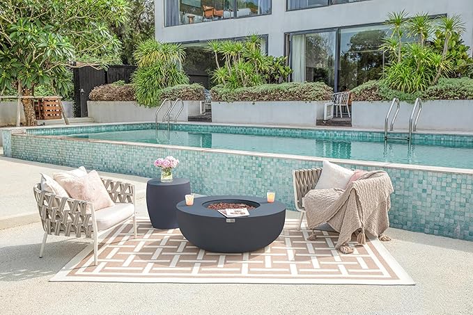 AMS Creations | Eclipse 44" Round Cast Concrete Natural Gas Fire Pit Bowl Table | Dark Gray | Smooth Texture Surface | Electronic Ignition | Outdoor Patio Heater Outside Backyard Fireplace