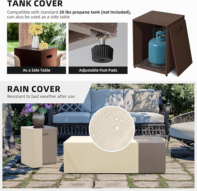 UPHA 42-inch Outdoor Propane Gas Fire Pit Table 50000 BTU Iron Rectangle Firepit for Outside Patio with Tank Hidden Table, Wind Guard, Removable Lid, Gold Glass Rocks, Rain Cover, Brown