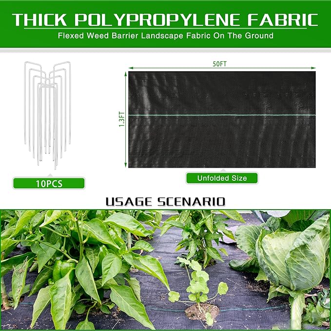 1.3FT x 50FT Weed Barrier Landscape Fabric Heavy Duty, 3.2oz Premium Gardening Weed Control Mat with 10 U-Shaped Securing Pegs, Ground Cover for Garden Beds, Farming, Underlayment, Commercial Driveway