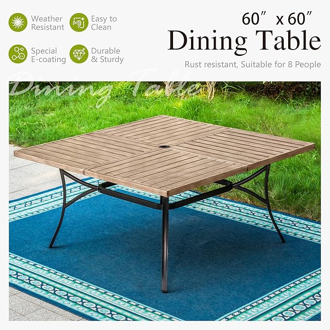 Sophia & William 9 Pieces Patio Dining Set for 8, All Weather Square Metal Patio Table and Wicker Chairs Set, Large Outdoor Dining Set for Outside, Teak Color Tabletop