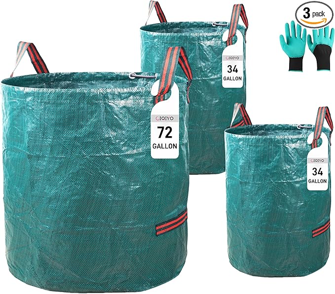 1x72Gallons+2x34Gallons (Free Gloves) Leaf Garden Bags,Reusable Heavy Duty Yard Waste Bag Set,Standable Design and Reinforced 4 Handles for Garden,Lawn,Leaf,Grass,Debris,Camping
