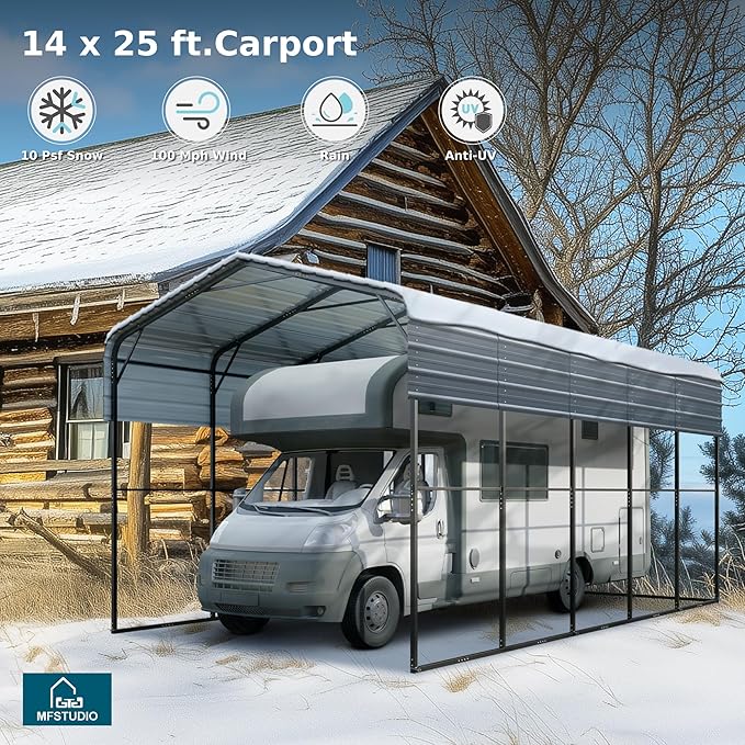 MFSTUDIO RV Carport 14x25 ft, Outdoor Heavy Duty Carports, Height 13 ft for Large RVs Metal Shed Canopy Shelters Garage Shelter Shade Car Ports with Galvanized Roof for Cars, Truck and Boats 