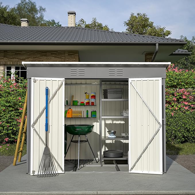 4x8 FT Lean to Outdoor Storage Shed with Floor,Metal Shed W/Lockable Door,All Weather Waterproof Garden Tool House W/ 2 Air Vents,for Backyard,Patio,Lawn,Garden,Gray