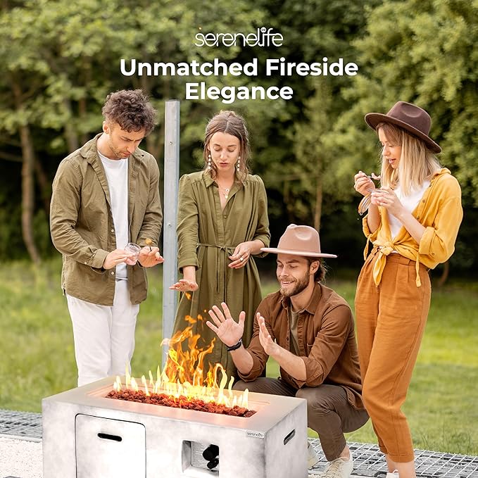 SereneLife Fire Pit Table 50,000 BTU Propane Gas Fire Pit with Adjustable Flame, Stainless Steel Burner, Weather-Resistant Build, Easy Propane Tank Access, and Elegant Lava Rocks for Patio or Backyard