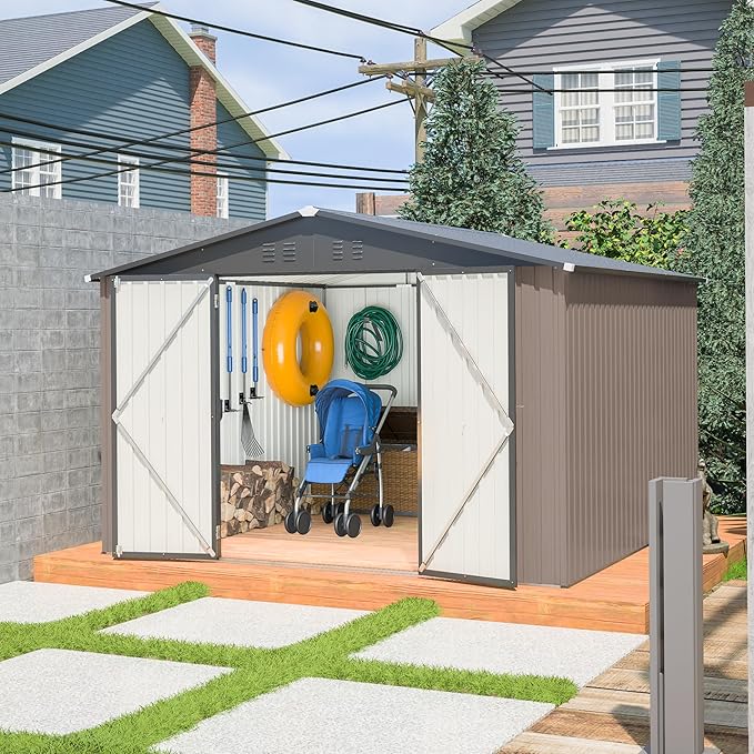 10X8 FT Outdoor Storage Shed, All Weather Metal Sheds with Lockable Doors, Tool Shed for Garden, Patio, Backyard, Lawn (Brown, 10x10ft)