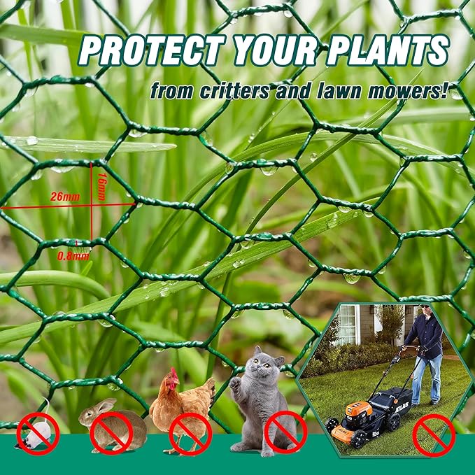49.2Ft x16In Plant Protectors from Animals - Wire Plant Protector Cages for Outdoor Plants, Free-Cut Metal Mesh Plant Covers Guards Fence, Chicken Wire Cloche with Ground Stakes,Zip Ties