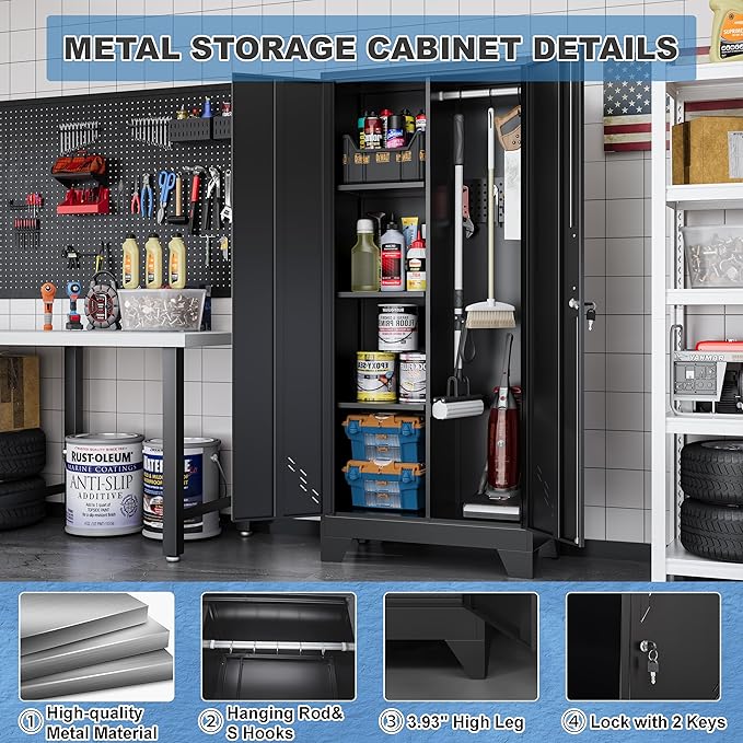 61" Outdoor Storage Cabinet, Heavy-Duty Metal Lockable Storage Cabinets with Ventilated Doors & Pegboard Hooks, Linen Storage Cabinet for Garage, Bathroom & Kitchen, Easy Assembly