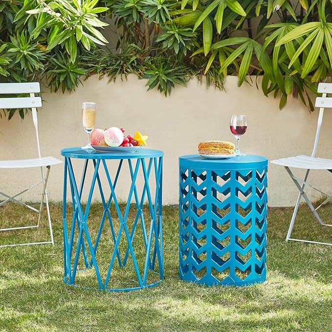 Y&M Nesting Side Table, Set of 3 Stacking Coffee Table for Living Room, Indoor End Tables, Outdoor Decorative Garden Stool with Heavy Duty Metal Frame Modern Industrial Decor - Blue