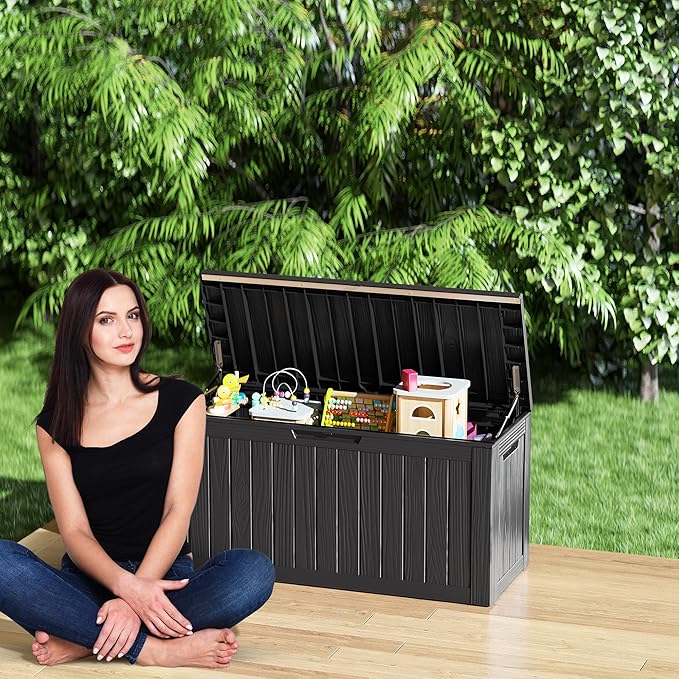 80 Gallon Waterproof Large Resin Deck Box Indoor/Outdoor Lockable Storage Container and Seating for Garden, Pool, and Patio (80 Gallon, Black)