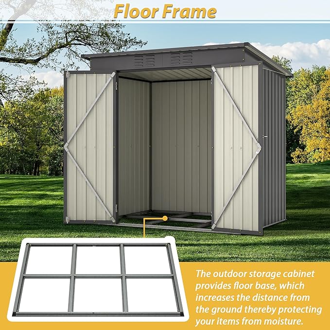 10X8 FT Outdoor Storage Shed, All Weather Metal Sheds with Lockable Doors, Tool Shed for Garden, Patio, Backyard, Lawn (Black with Floor Frame, 6x4 ft)