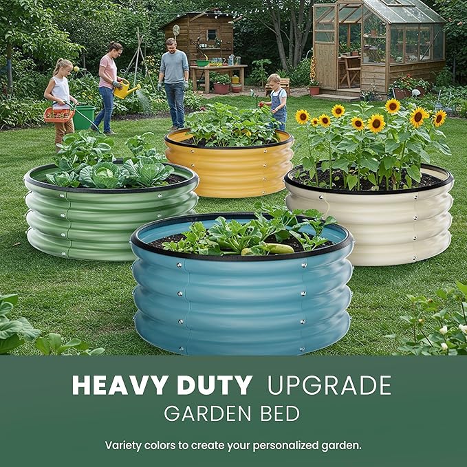 Round Galvanized Raised Garden Bed Kit, 2 Pcs 2 x 2 x 1ft Forest Green Galvanized Garden Boxes, Outdoor for Vegetables