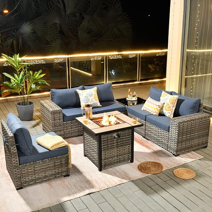 HOOOWOOO Modular Patio Outdoor Sectional Furniture Set with Gas Propane Fire Pit Table,7 Piece Wicker Conversation Sofa Set,Out Door Couch Set with Wide Arm Outside(Denim Blue)
