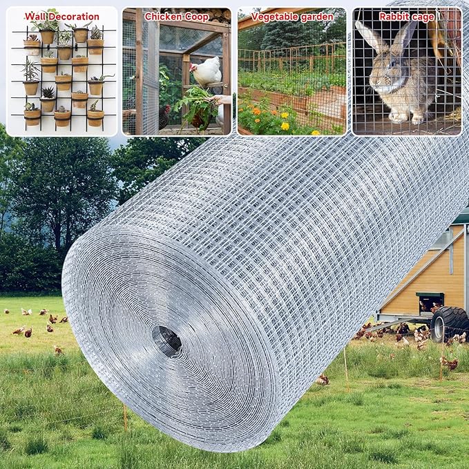 Hardware Cloth,1/2inch 48inx100ft 19 Gauge,Double-Layer Hot-Dip Galvanizing After Welding,Chicken Wire Fence Wire Mesh Fence Poultry Netting Garden Fence Tree Guard Rolls Chicken Coop Accessories