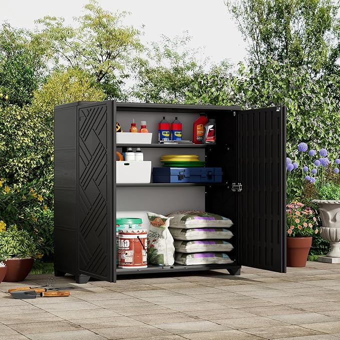 ZZM Indoor/Outdoor Storage Cabinet Waterproof, 34"x15"x34" Plastic Outdoor Storage Box for Garden Balcony Bathroom, All Weather Outdoor Storage Clearance, DIY Usage, with 1 Shelf (Black)