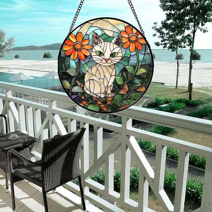 Stained Glass Window Hanging - White Cat Green Plants Orange Flowers Sun Catcher for Door Garden Home Decor Suncatcher Christmas Mother's Day Birthday Gifts for Women Men Mom Nana 6.3 in