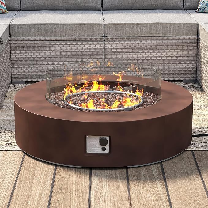 SUNBURY 42Inch Outdoor Propane Fire Pit,CSA Certified,Round Dark Brown Patio Fire Table Concrete Burner Firepits 50,000 BTU w Lava Rocks, Glass Wind Guard, Waterproof Cover