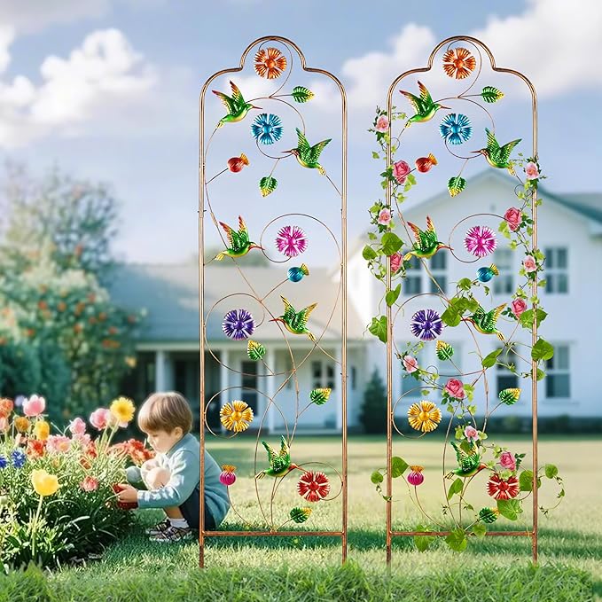 60βTrellis for Climbing Plants,2Pack Outdoor Garden Trellis Metal with Colorful Hummingbird Ideal for Climbing Plants Outdoor Decorative Metal Trellis for Your Garden,Gifts for Mom