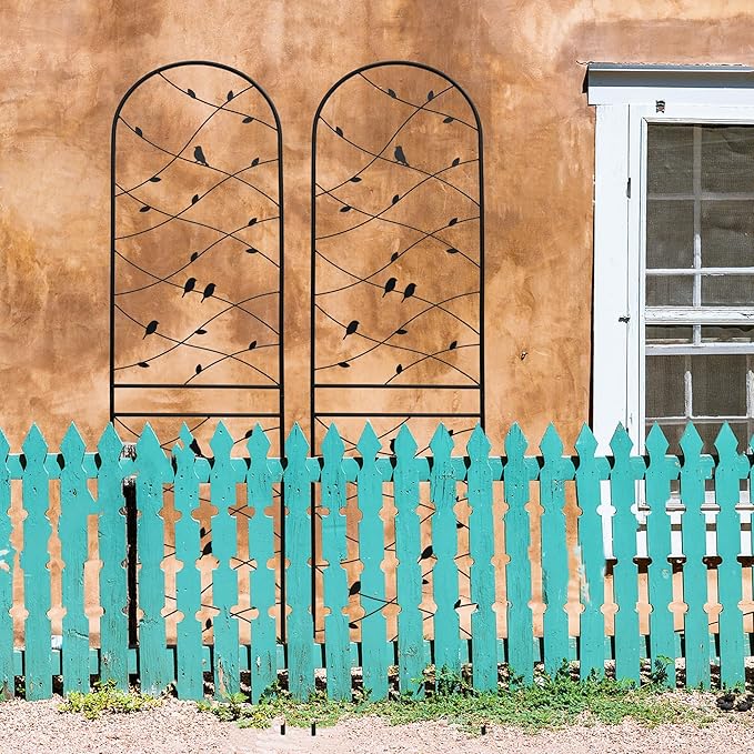 4 Pack Metal Garden Trellis 86.7" Tall Outdoor Climbing Plant Support for Roses, Flowers, Rustproof Durable Black Galvanized Tube, Lawn Garden Fence Decor Screen (4, Black birds-86.7" H)