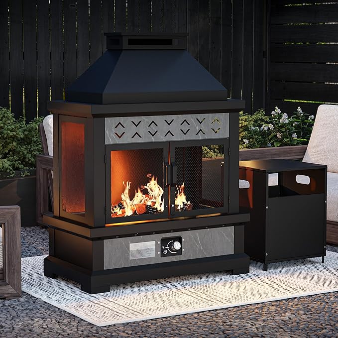 Outdoor Propane Fireplace w Tank Table, 50,000 BTU Gas Fire Pit with Ceramic Logs, Rain Cover, 35 Inch Steel Metal Smokeless Fireplace for Patio, Deck, CSA Certified (35 x 47 Inch)