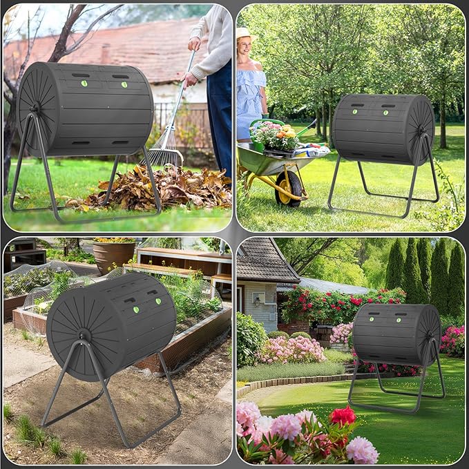 DRATO Compost Bin Outdoor 37.5 Gallon All-Season Dual Chamber Tumbling for Garden, Kitchen, Yard, Outdoor (Black)