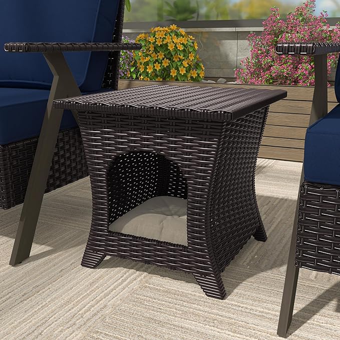 Vista Vibe Patio Wicker Side Table, All-Weather Rattan Furniture, 2 in 1 End Table & Pet Nest for Porch, Sunroom, Garden (Beige)