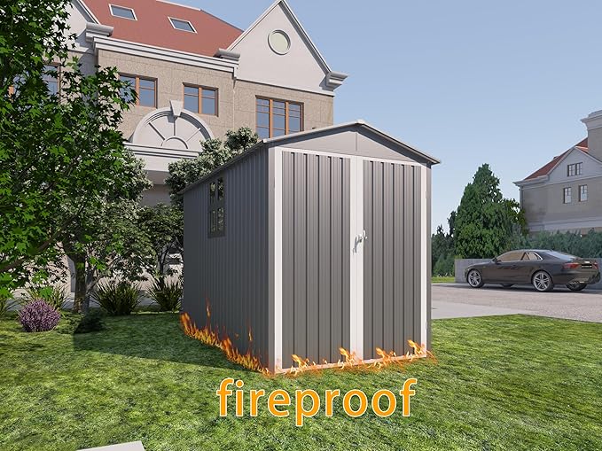 6x10 FT Outdoor Storage Shed, Metal Motorcycle Shed with Window, Storage Building with Lockable Hinged Doors & Sloped Roof, Waterproof Outside Garage Sheds for Garden, Backyard, Patio, Gray+White