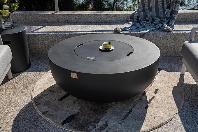 AMS Creations | Eclipse 44" Bundle Round Cast Concrete Natural Gas Fire Pit Bowl Table | Dark Gray | Smooth Texture Surface | Electronic Ignition | Outdoor Patio Heater Outside Backyard Fireplace