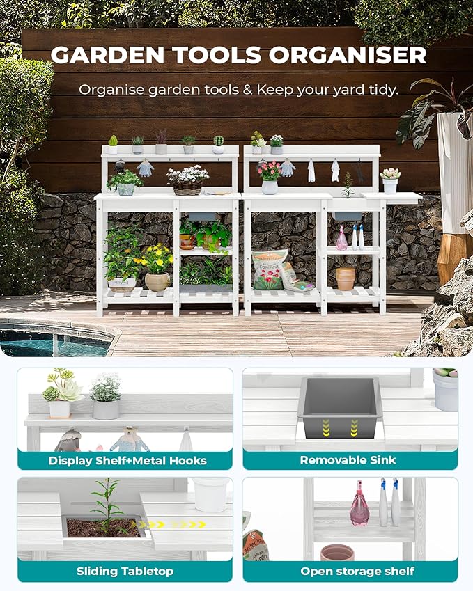 SERWALL Potting Table for Outside All Weather Use- White
