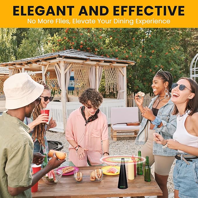 BUGGOFF Black Fly & Flying Insect Repellent Fan with Twin Blades, Table top & Hangable, Battery Powered or 5V Plug in, Batteries NOT Included. Safe Blades with Auto Stop. (1 Pack)