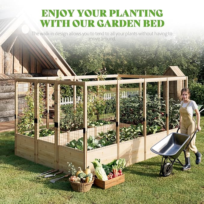 PaPaJet Wooden Raised Garden Bed for Outdoor, Deep Large Planter Box with Netting for Gardening, Vegetables, Flowers, Herbs(7.5× 11.8× 5.9FT)