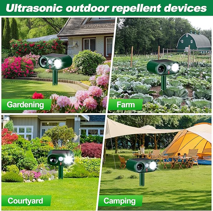 4Pack Solar Ultrasonic Animal Repeller with Strobe Light – for Gardens, Farms and courtyards Outdoor Deterrent for Raccoons, Deer, Squirrels, Cats, Skunks & Foxes