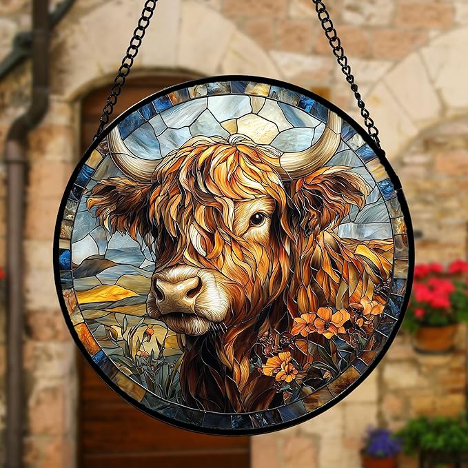Stained Glass Window Hanging - Funny Cow Flower Suncatcher Ready to Hang Window Doors Home Decoration and Christmas, Mother's Day Birthday Gifts for Women, Men, and Mom 11.8x11.8 in