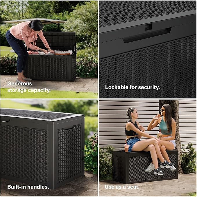 100GAL Black Wicker - Textured Outdoor Deck Box with Lockable – Waterproof, SGS - Verified UV Resistance, Stylish Storage for Patio Furniture & Outdoor Toys, Quick Assembly