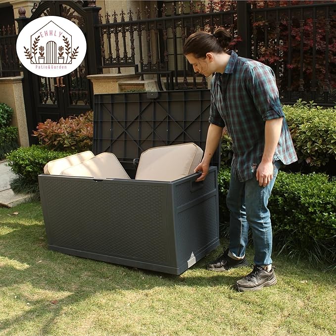121 Gallon Outdoor Storage Box Large, Lockable Outside Storage Containers Waterproof Patio Cushions Deck Boxes, Rattan Plastic Garden Hose Boxes Resin Pool Storage Bins, Grey