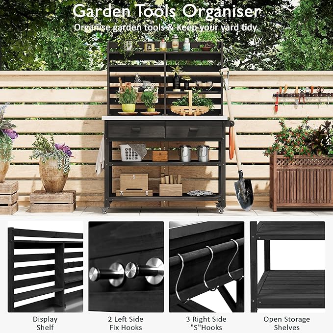 Polibi 64.9" H Outdoor Potting Bench Table with Lockable Wheels,Solid Fir Wood Outdoor Kitchen Island (Black)