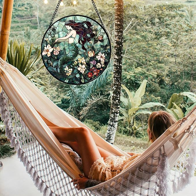 Stained Glass Window Hanging - Teal Sleeping Mermaid Suncatcher for Door Terrace Garden Home Decor, Sea of Flowers Sun Catcher Birthday Gifts for Lovers Women Men Dad Mom Nana 9.8 in