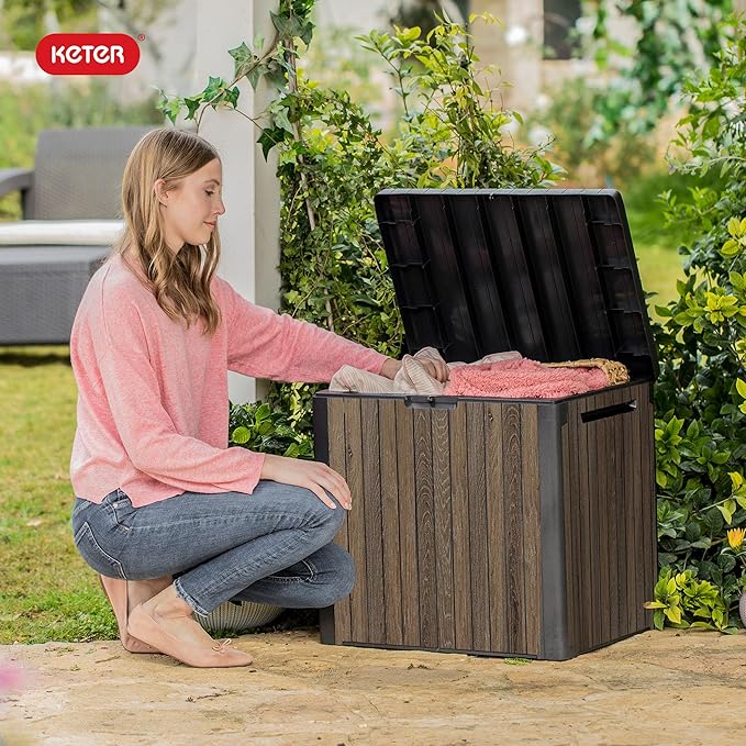 Keter Signature Everwood 30 Gallon Resin Outdoor Storage Box and Patio Furniture Side Table for Pool and Garden Accessories, Walnut