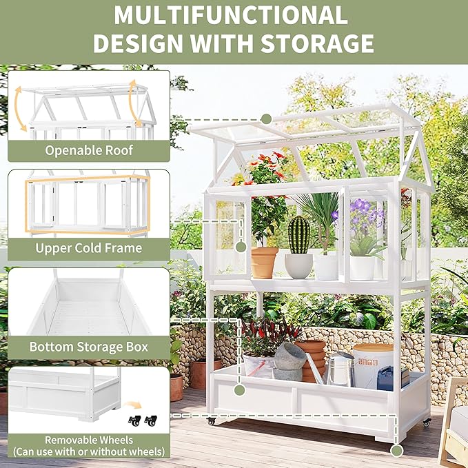 Merax 69.3" H Wood Garden Greenhouse, Balcony Portable Mini Cold Frame with Wheels, Movable Storage Box and Openable Roof, Flower Plants Shelf for Balcony Outdoor Indoor Backyard, White