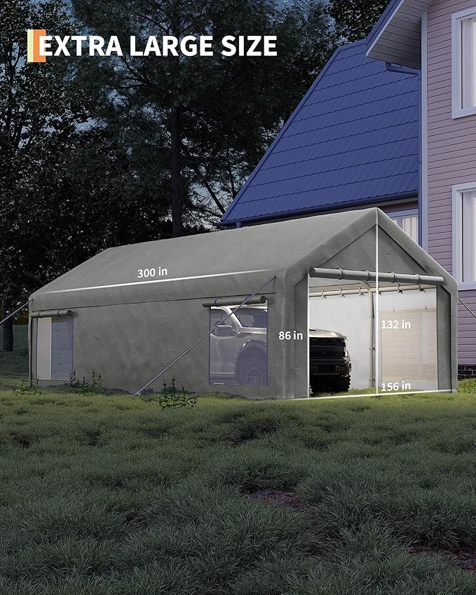 13x25 Ft Carport with 10 Sandbags, Car Port with 220g PE Tarp, 2 Roll-Up Doors, and 4 Windows, for Full-Size Pickups, Bass Boats, Tractors, and SUVs, White