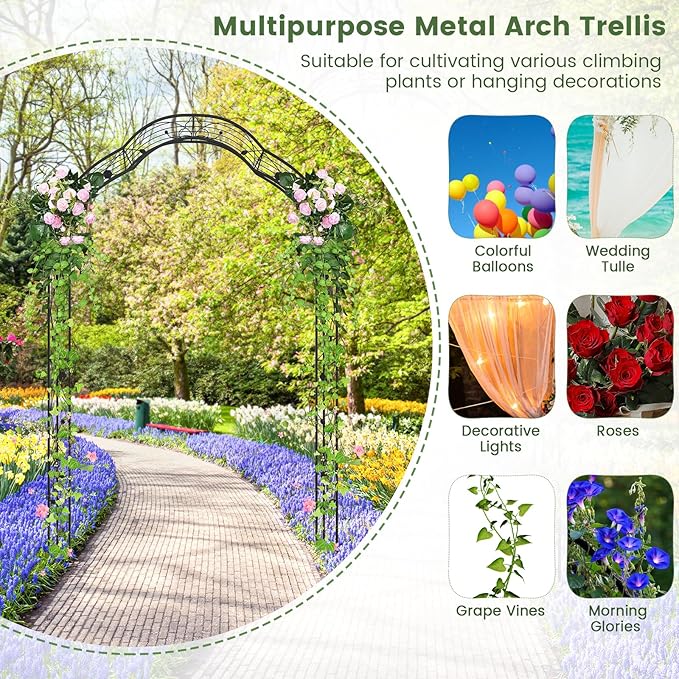 Moccha 2 Sides Garden Arch Arbor Trellis, 8.2FT Metal Archway for Climbing Plants Roses Vines, Outdoor Pergola Trellis with 6 Styles & Sharp Ends, Garden Arbor for Backyard Wedding Party Ceremony