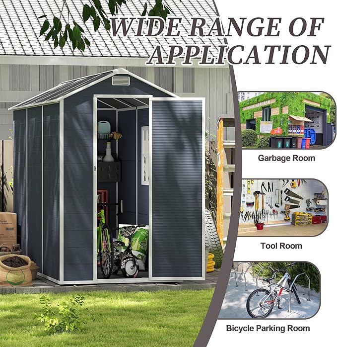 Resin Storage Shed 8x4ft, Outdoor Tool Shed with Floor, Window, Lockable Doors and Vents, 12mm Thick pp Board, Storage Sheds for Patio, Garden, Backyard, Lawn (Dark Gray, 4 * 8ft)