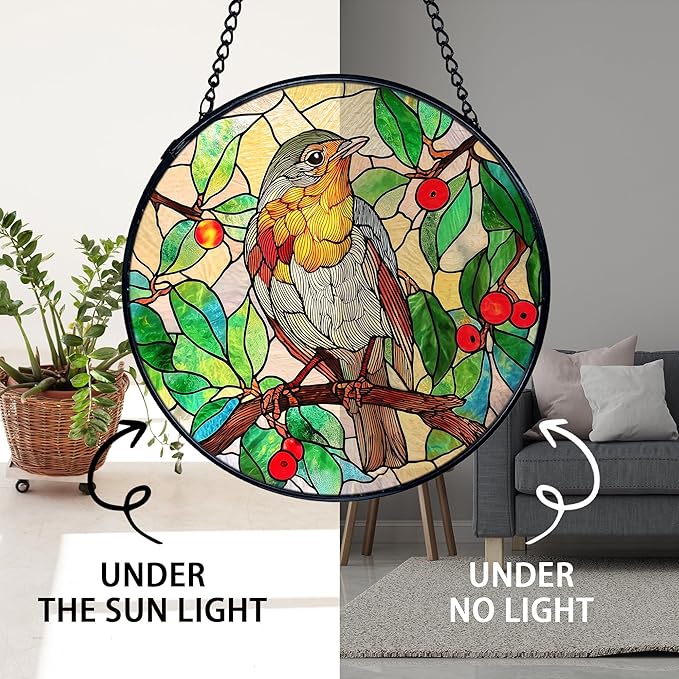 TNUW Bird Stained Glass Window Hanging, Bird Botanical Sun Catchers Indoor Window Glass Round Wall Art Decor, Birds Lover Gifts Wall Hanging Decorations, 7.9"x7.9"