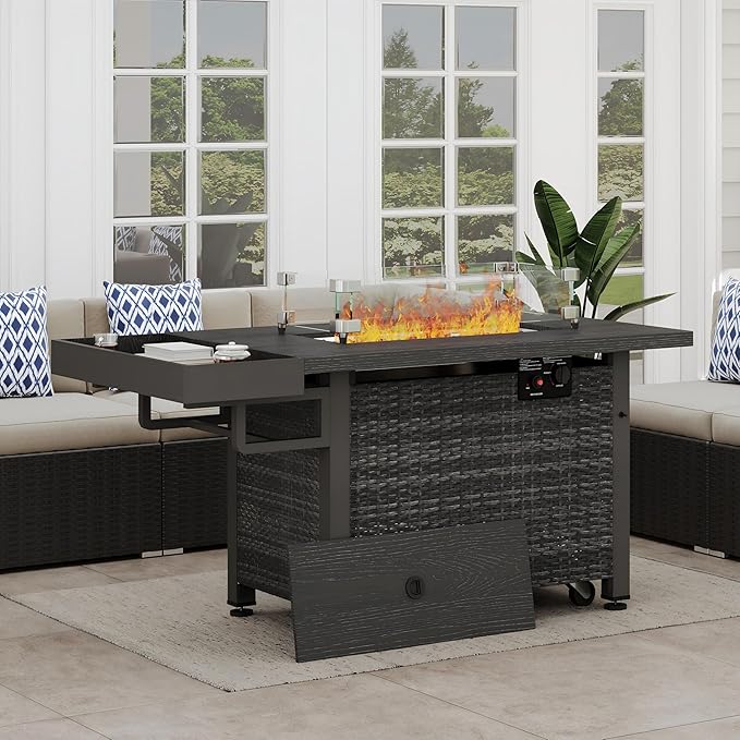 52 Inch Wicker Outdoor Fire Table, 50,000BTU Propane Fire Pit Table with Windshield, Side Basket, Rain Cover, CSA Certified, Patio Fire Pit for Garden, Backyard, Balcony, Poolside, Grey
