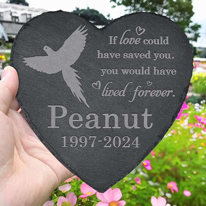 Parrot Memorial Stone Garden Statue - Memorial Gifts - Tombstone - Loss of Pet Gift - Heart